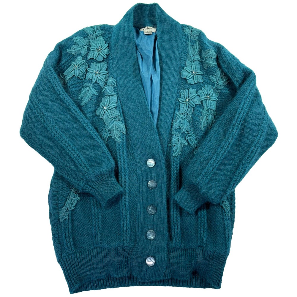 Vintage Sweater Jacket Oversized Mohair Wool Acrylic Turquoise Size Medium